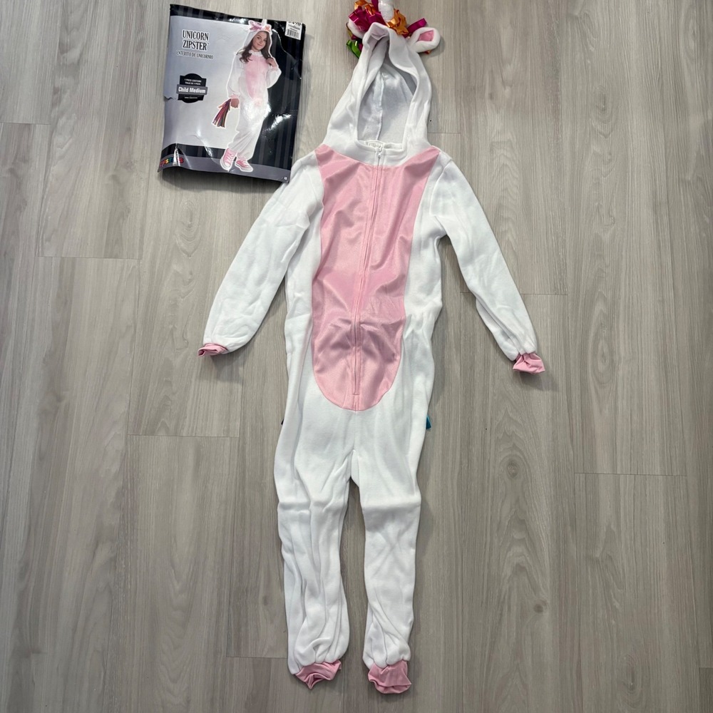 Zipsters Unicorn Costume Child White Pink Rainbow Jumpsuit Halloween Size M
